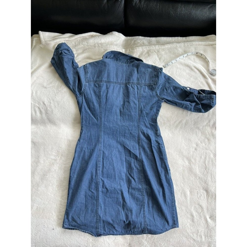 Guess Womens Button Down Roll Tab Sleeves Blue 100% Cotton Midi Dress Size Small - Picture 2 of 16
